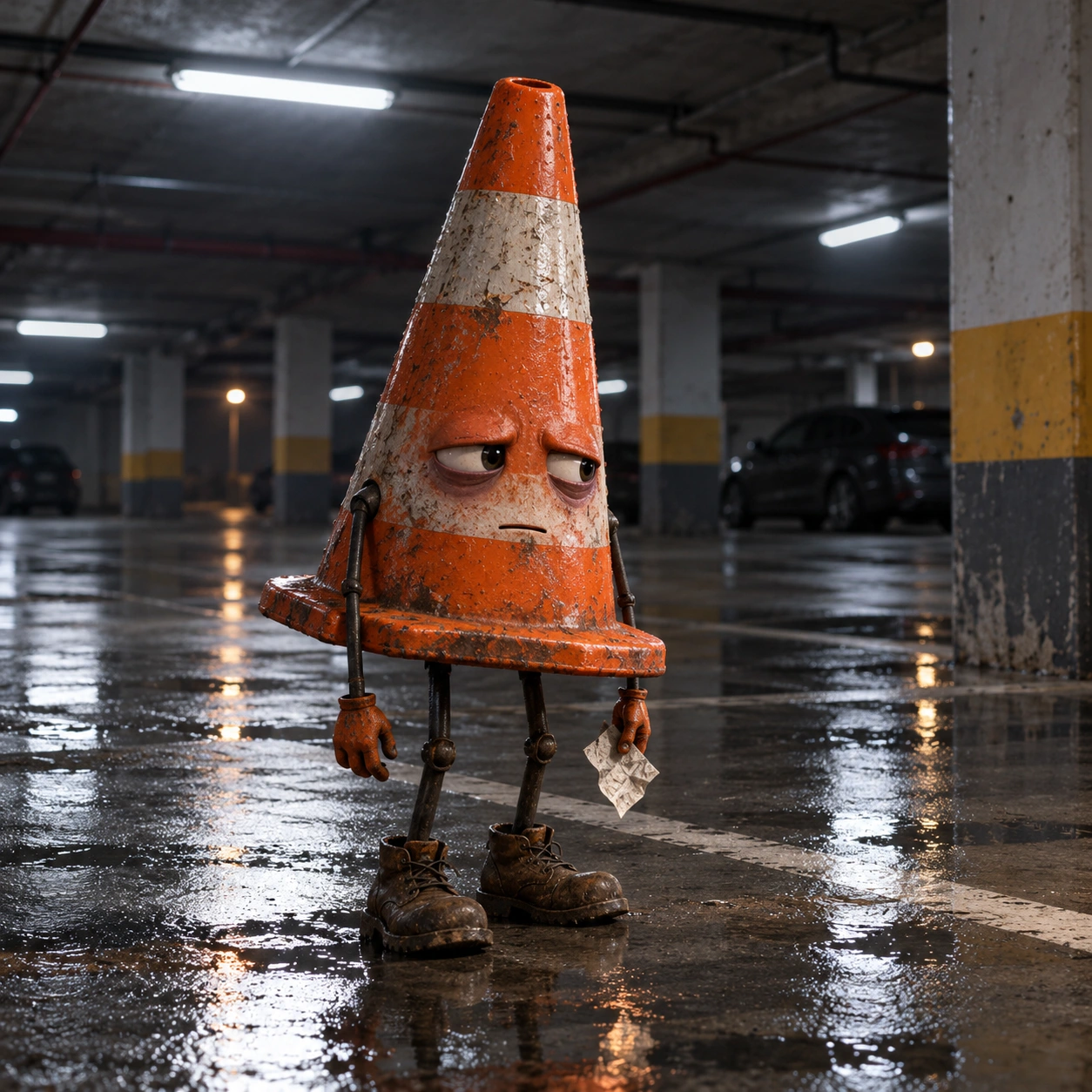 Conedemnation the lonely parking cone in the underground garage